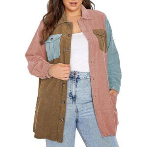 Womens Brown Plus Size Plaid Shacket Long Sleeve Button Down Casual Jacket